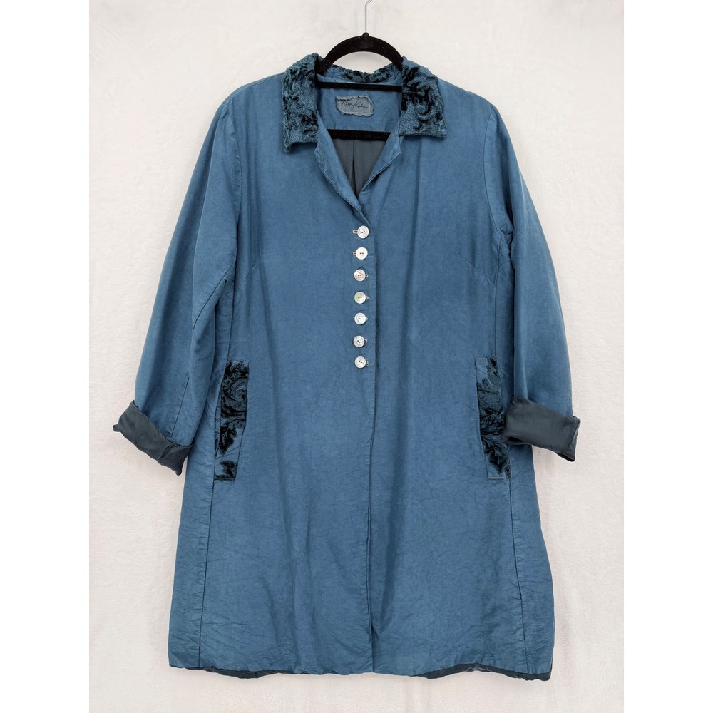 Robin Kaplan Silk Coat Med/2 Blue Velvet Trim Art to Wear Lagenlook Artisan
